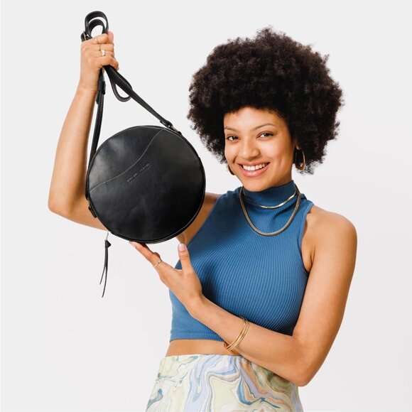 Leather Goods Circle Crossbody Bag for Women Black